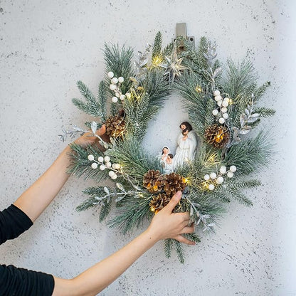 YULETIME 20" Pre-Lit Nativity Wreath, Battery Operated with 10 Fairy Lights, Holy Family Nativity Statue, Star of Bethlehem, Pine Cones, White Mistletoe, Frosted Spruce Branches (Nativity Frosted)