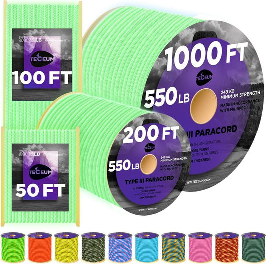 Reflective Paracord Rope - Glow in The Dark Utility Rope for Survival & Camping | 1000ft, 200ft, 100ft, 50ft, 40+ Colors