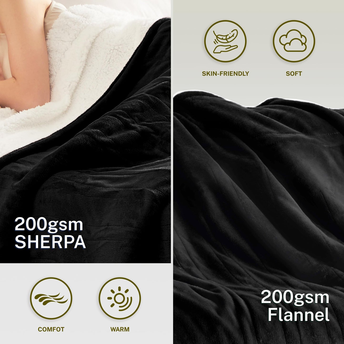 Heat Blanket 50”x60” Throw,Soft Flannel & Sherpa Reversible Electric Blanket with 10 Heat Settings,12 Timer Setting and 3 Hours Auto-Shut Off,ETL Certified Machine Washable,Light Brown