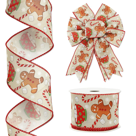 JarThenaAMCS Christmas Wired Edge Ribbon Gingerbread Candy Cane Craft Ribbon 2.5 Inch x 12 Yard Xmas Winter Fabric Ribbons for Wreath Bow DIY Wrapping Party Decor