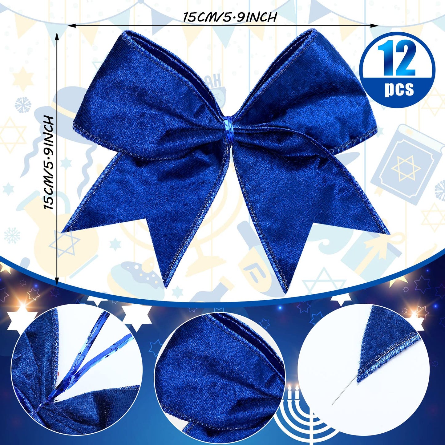 Panelee 12 Pcs Blue Velvet Winter Bows 6 x 6 in Wreath Bow Christmas Holiday Tree Decorations Ornaments for Hanukkah Xmas Tree Topper Wreath Garland Party Gift Wrapping DIY Decor