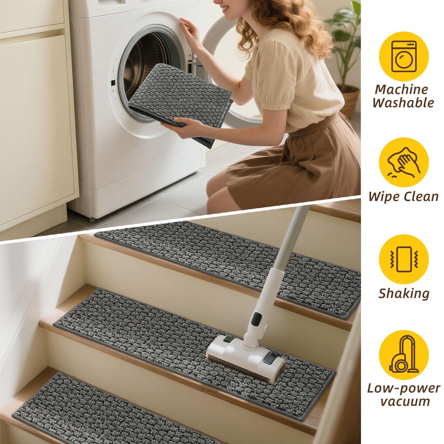 JSEI Stair Treads for Wooden Steps, 4 Pack 9" X 28" Non-Slip Machine Washable Carpet Stair Treads with TPE Backing, Soft Indoor Stair Rug Runner for Kids Elders & Pets, 100% Polyester, Grey