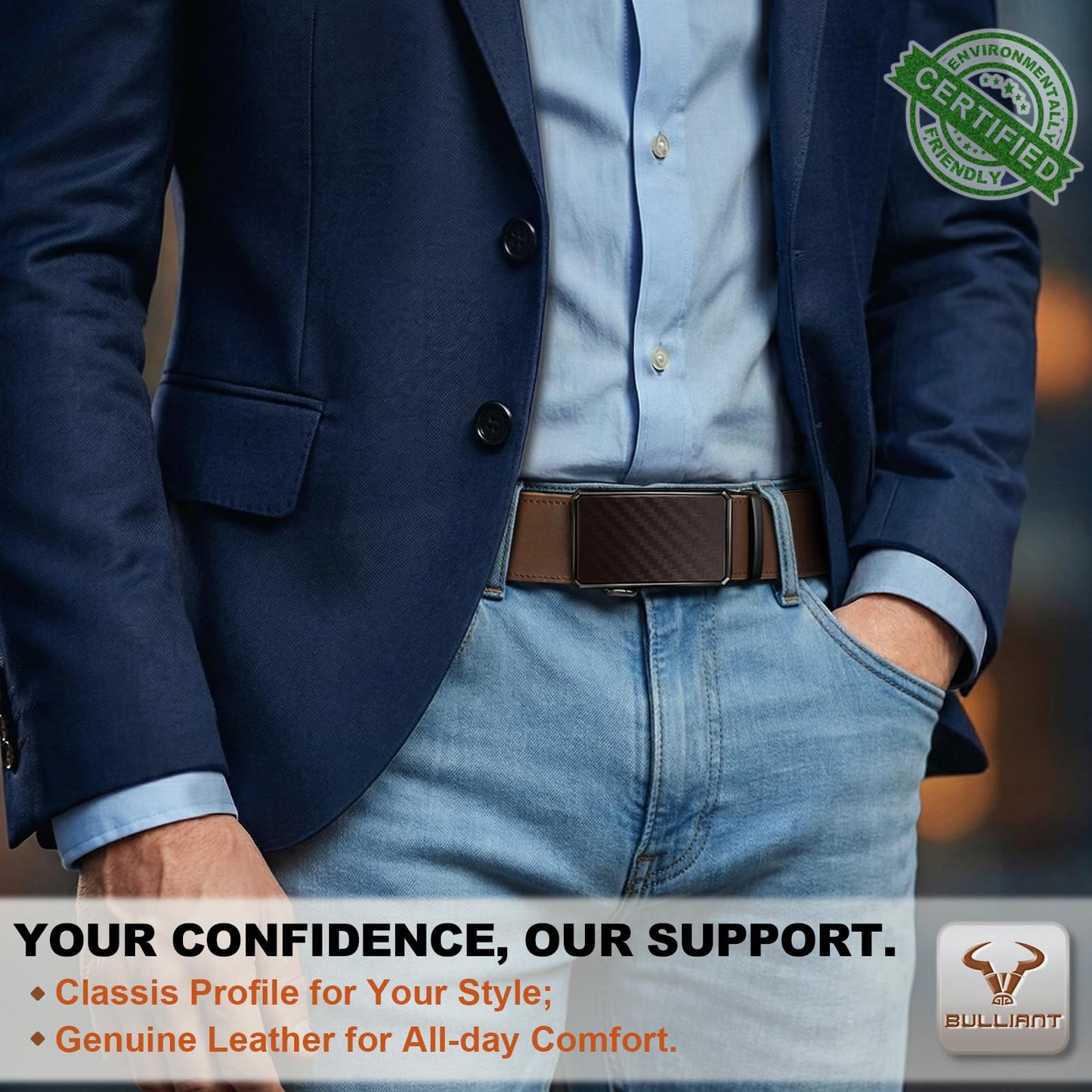 BULLIANT Men Ratchet Belt,Full Grain Leather Adjustable Belt Gift For Men Dress Casual Jeans-Cut For Fit(Pecan Pie,32"-38" Waist Adjustable)