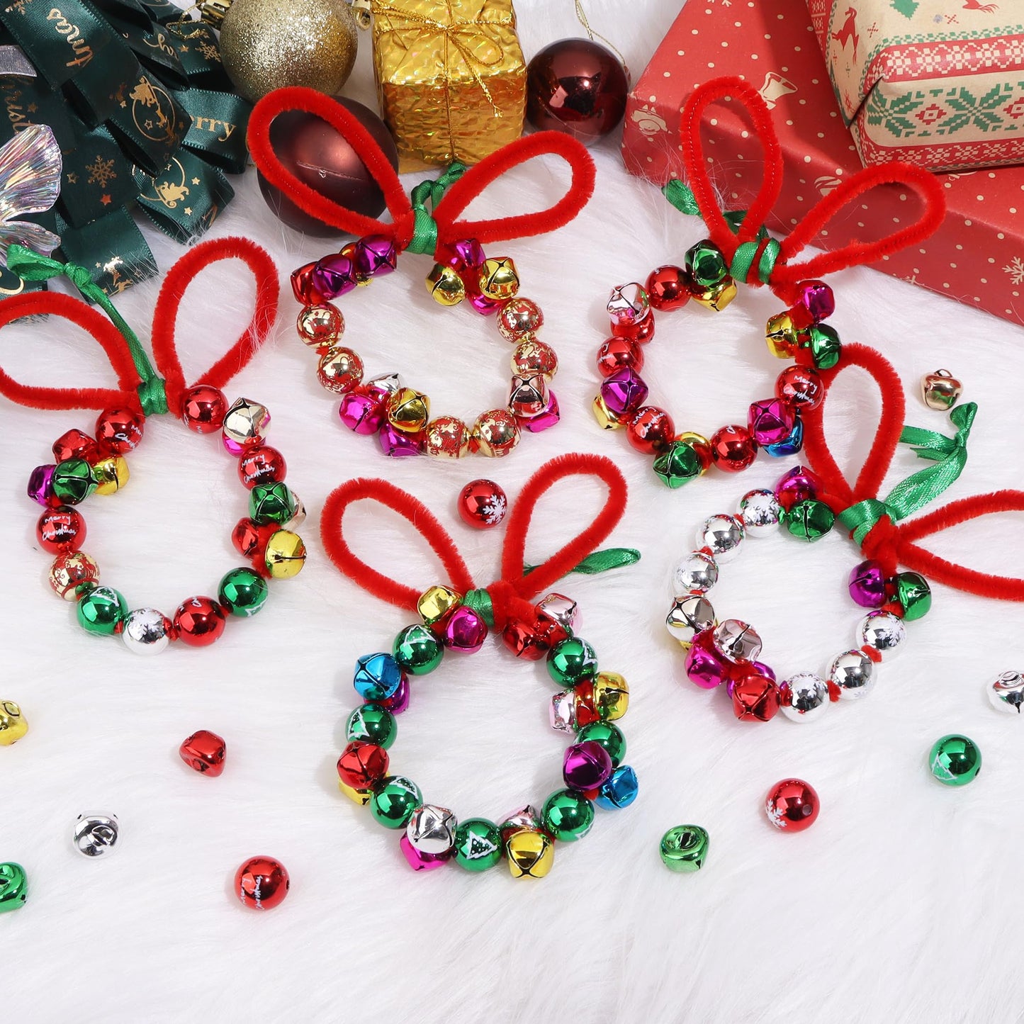 Christmas Crafts, Christmas Beads and Jingle Bells Set, DIY X-mas Ornament Kit Including 20 pcs Mixed X-mas Beads and 40 pcs Bells, DIY Ornaments for Kids, Holiday Party Christmas Tree Decoration