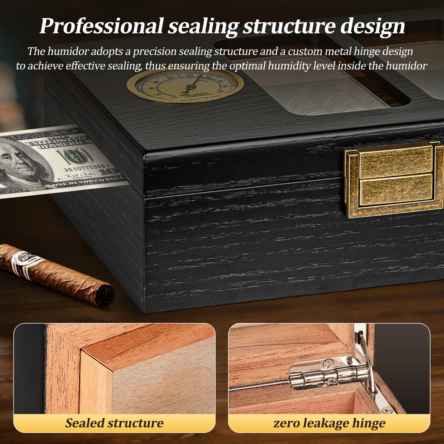 Usewire Cigar Humidor, Glass Top Cedar Cigar Case, Cigar Box for 20-30 Cigars with Hygrometer, Humidifier, Desktop Cigar Humidor, Cigar Lovers Gift (Black)