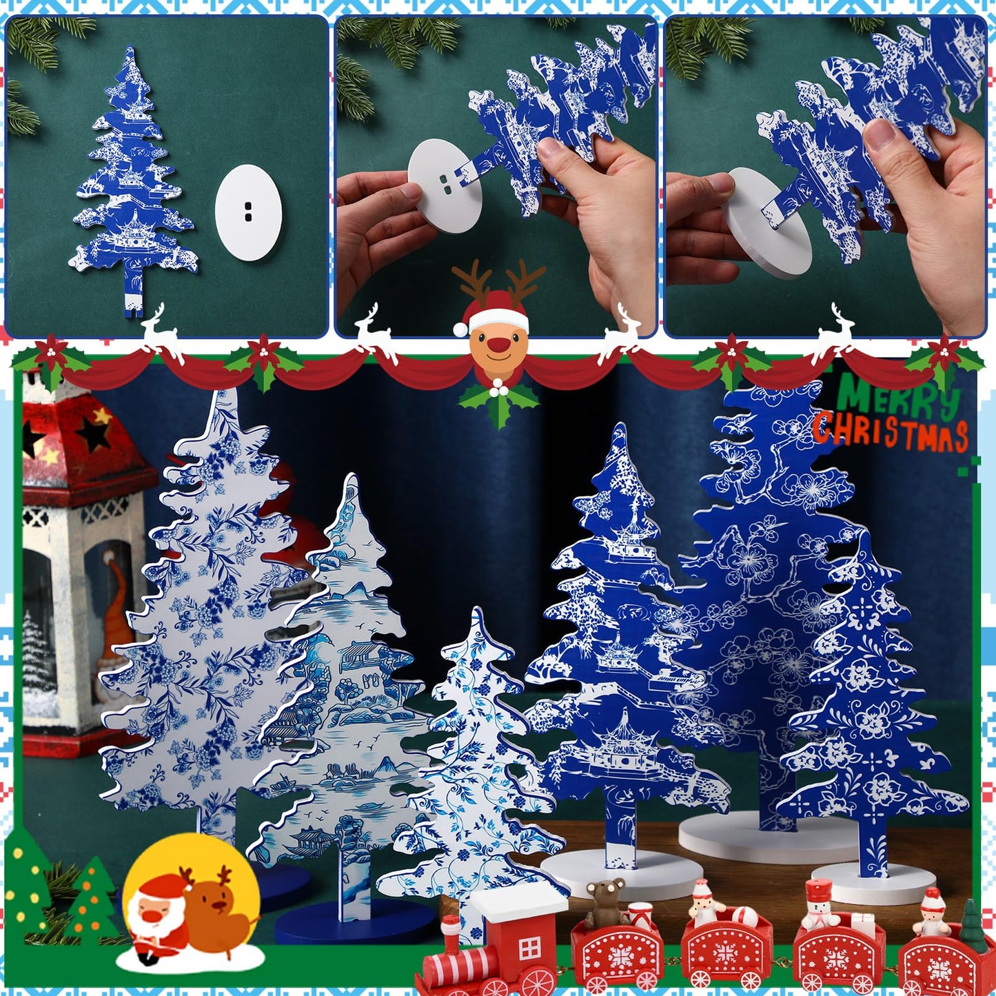 Kigley 6 Pcs Porcelain Christmas Tree Sign Table Decor 6" 8" 10.5" Blue White Xmas Tree Tabletop Christmas Tiered Tray Centerpieces Xmas Gift for Home Mantel Shelf Office Party Windowsill Decoration