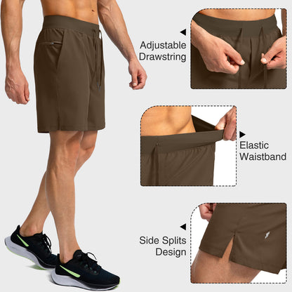 Soothfeel Men's Running Shorts with Zipper Pockets 7 Inch Lightweight Quick Dry Gym Athletic Workout Shorts for Men (Brown, XXL)