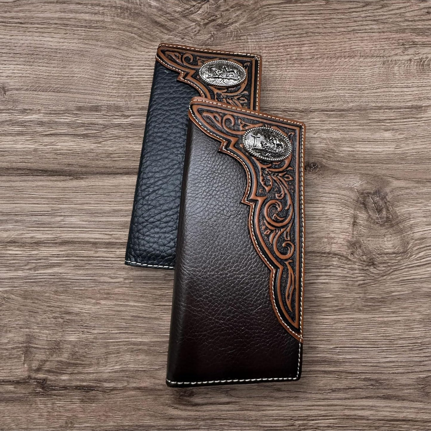 Western Stakes Men's Long Leather Wallet – Western Tooled Bifold Checkbook Organizer with Cowboy Concho (Cowboy Praying, Brown)