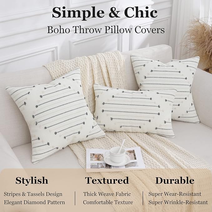 Mecatny Boho Outdoor Throw Pillow Covers 20X20 Set of 2, Farmhouse Decorative Pillow Covers for Couch Sofa Living Room, Beige & Grey