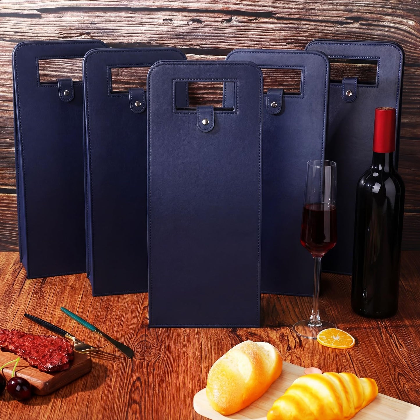 FillTouch 10 Pcs Double Wine Tote Bag Leather Wine Carrier Double Bottle Champagne Beer Bottle Gift Bags Purse Case Holder for Tasting Party Wedding Birthday Christmas (Navy)