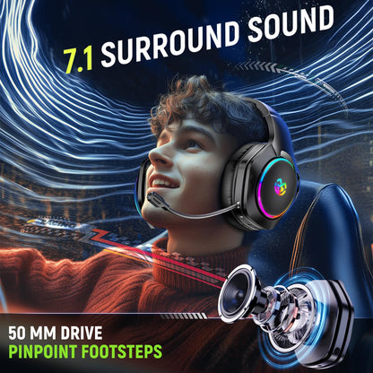 Tatybo Wireless Gaming Headsets for Ps5 Ps4 PC, 2.4GHz USB & Type-C Gaming Headphones, 40H+ Hrs & 7.1 Surround Sound with Noise Canceling Microphone for Switch Phone