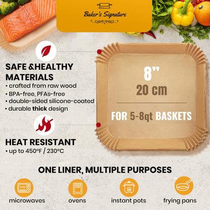 Air Fryer Paper Liners, 125Pcs Air Fryer Disposable Liners, Non-Stick and Oil Proof for Easy Cleanup, 8” Square for 5-8 qt Basket by Baker's Signature