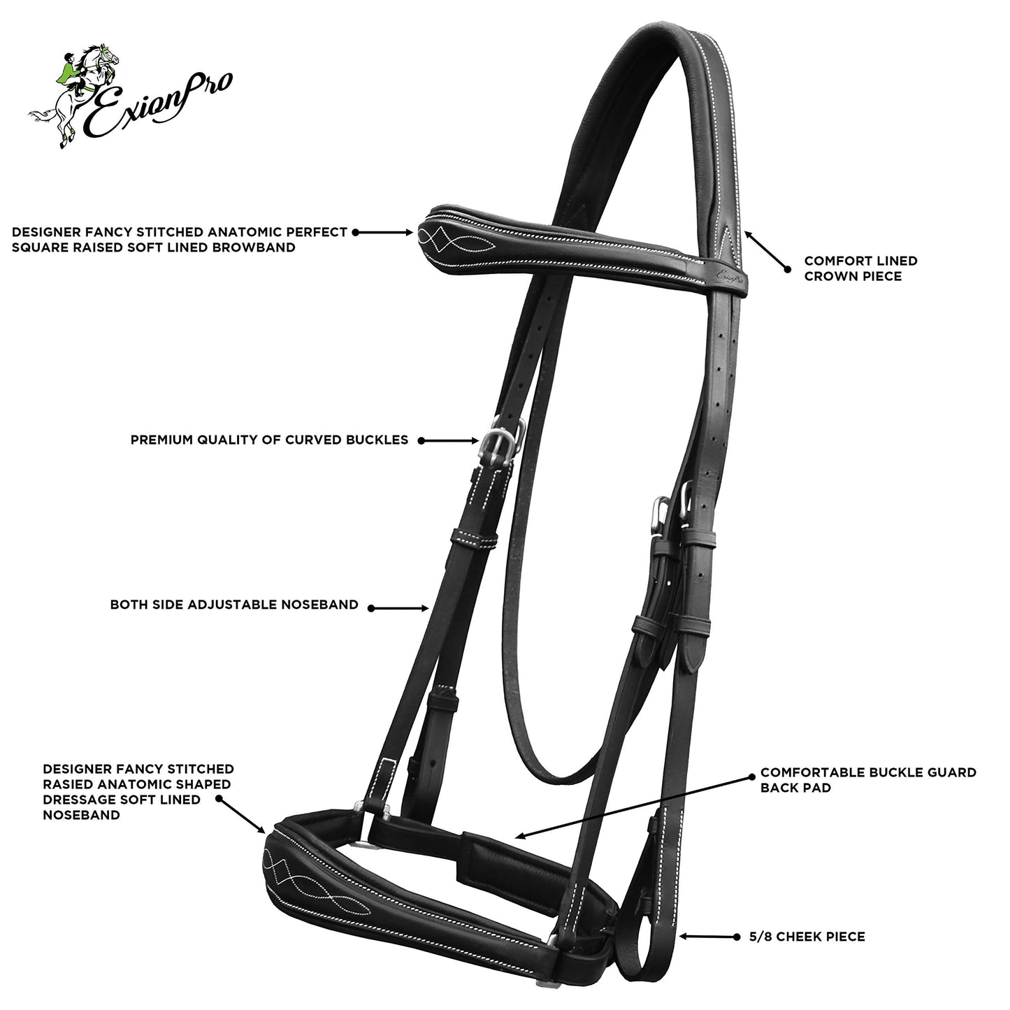 Exion Dressage Bridle for Horses – Anatomical Leather Bridle with Padded Noseband & Browband | Includes Web Reins with Hand Stoppers | Black & Brown | Cob, Full, Pony & Warmblood Sizes