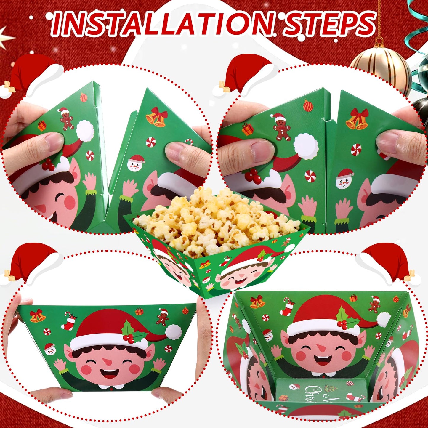 Marspark 12 Pcs Christmas Popcorn Bowls Disposable Treat Snack Boxes Popcorn Candy Cookie Tray Containers for Winter Christmas Party Supplies