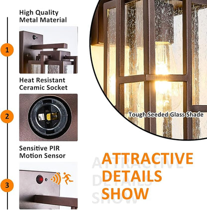 Motion Sensor Outdoor Wall Light Fixture, Dusk to Dawn Porch Light Oil Rubbed Bronze Exterior Lighting with Seeded Tempered Glass, Waterproof Outside Wall Mount Coach Lamp for House, Patio, Garage