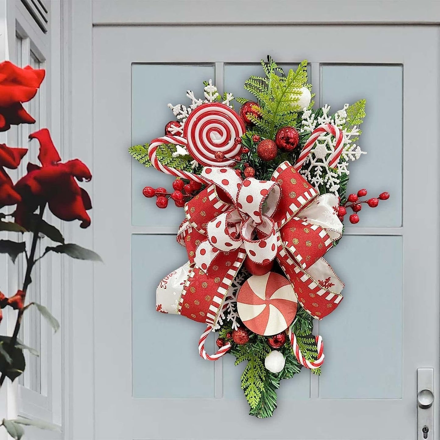 Christmas Swag Wreath Xmas Teardrop Wreath Green Leaves Wreath Wall Hanging Door Garland Front Door Wreath for Xmas Front Door Window Holiday Decor