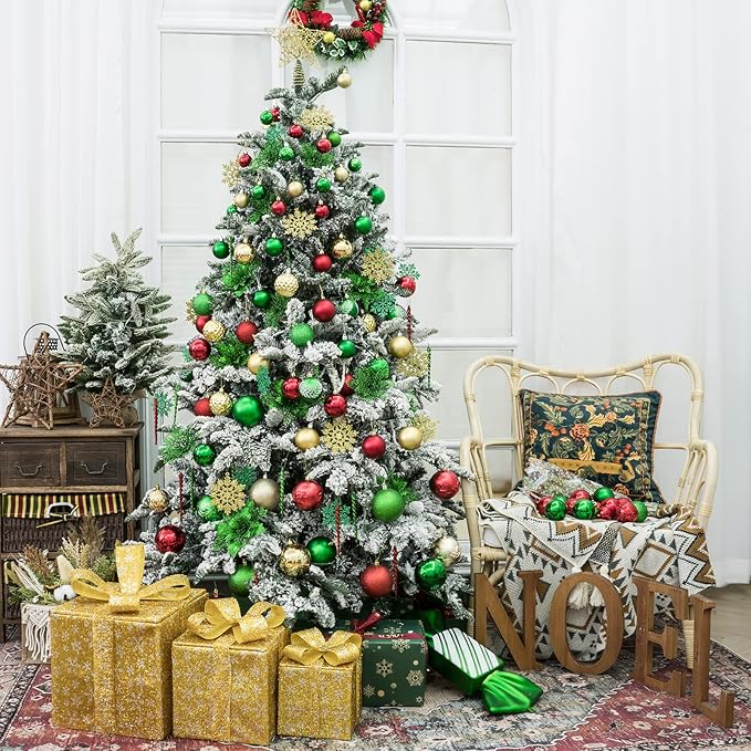 SY CRAFT 86 Pieces of Assorted Shatterproof Christmas Ball Snowflake Ornaments Seasonal Decorative Hanging Ornament Set with Hand-held Gift Package for Xmas Tree Decorations (86PCS, Green Red Gold)