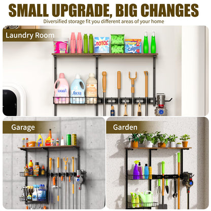 LYYKCCXYY Broom Holder Wall Mount，Mop Rack With Storage Basket,Diversity Laundry Room Cleaning Tool Storage container，Suitable Family Garage Kitchen Organization Wall-Mounted Rack (Black, Medium)