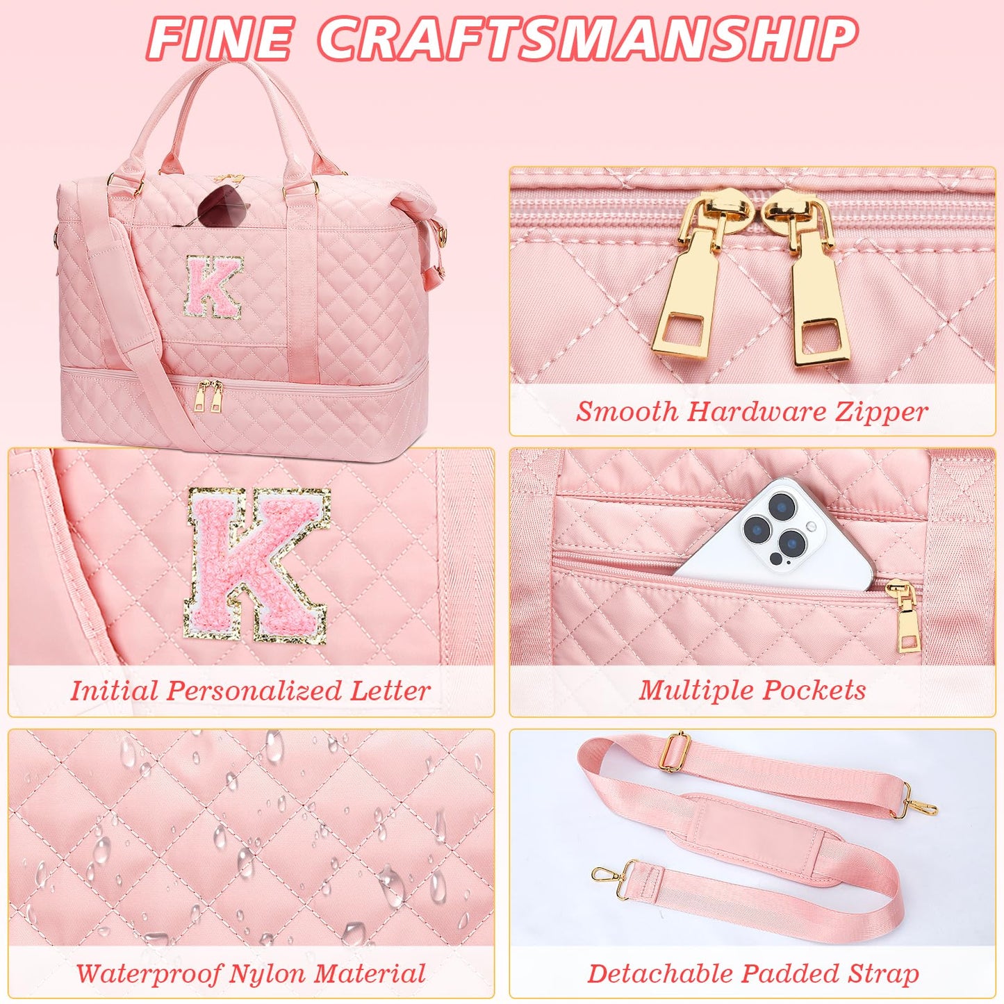 CLOUDWINGS Gifts for Women Girls Initial Travel Duffle Bag Quilted Weekender Carry-On Overnight with Cosmetic Bag, Gym Bag with Shoe Compartment, Pink K