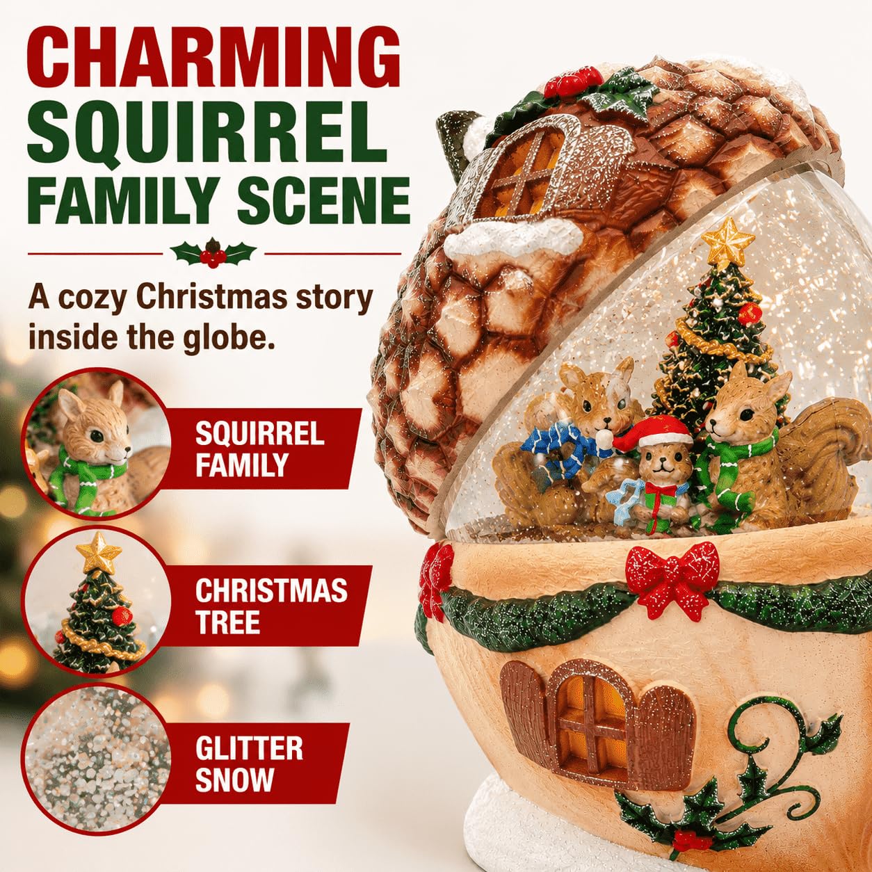 Christmas Pinecone Snow Globe Lantern with 6 Hours Timer, 3 AAA Battery Operated Glittering Water Globe, Lighted Squirrel Family Snow Globes for Xmas Mantel Tabletop Shelf Holiday Decorations Gifts