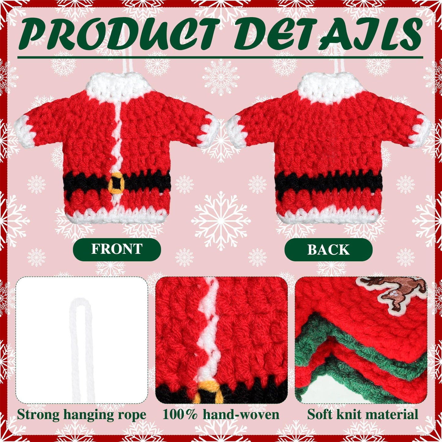 12 Pcs Handcrafted Crochet Ugly Sweater Ornament Christmas Red and Green Ugly Sweater Decorations for Christmas Tree Snowflake Gingerbread Reindeer Santa Hanging Decor for Xmas Winter Party Favors