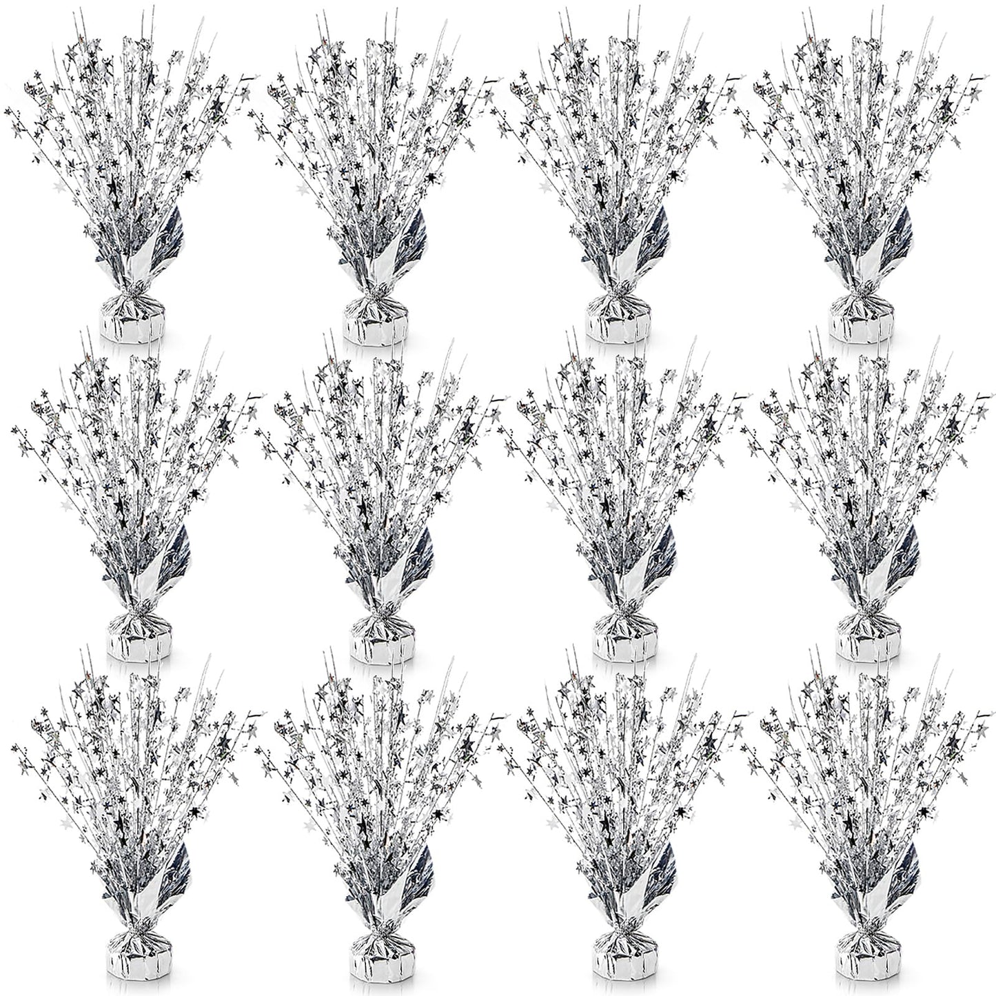 ZOOFOX 12 Pack Metallic Foil Spray Centerpiece, Glitter Silver Star Table Decoration, Burst Table Centerpieces for Birthday Wedding Anniversary Christmas Party Supplies Decor, Freestanding