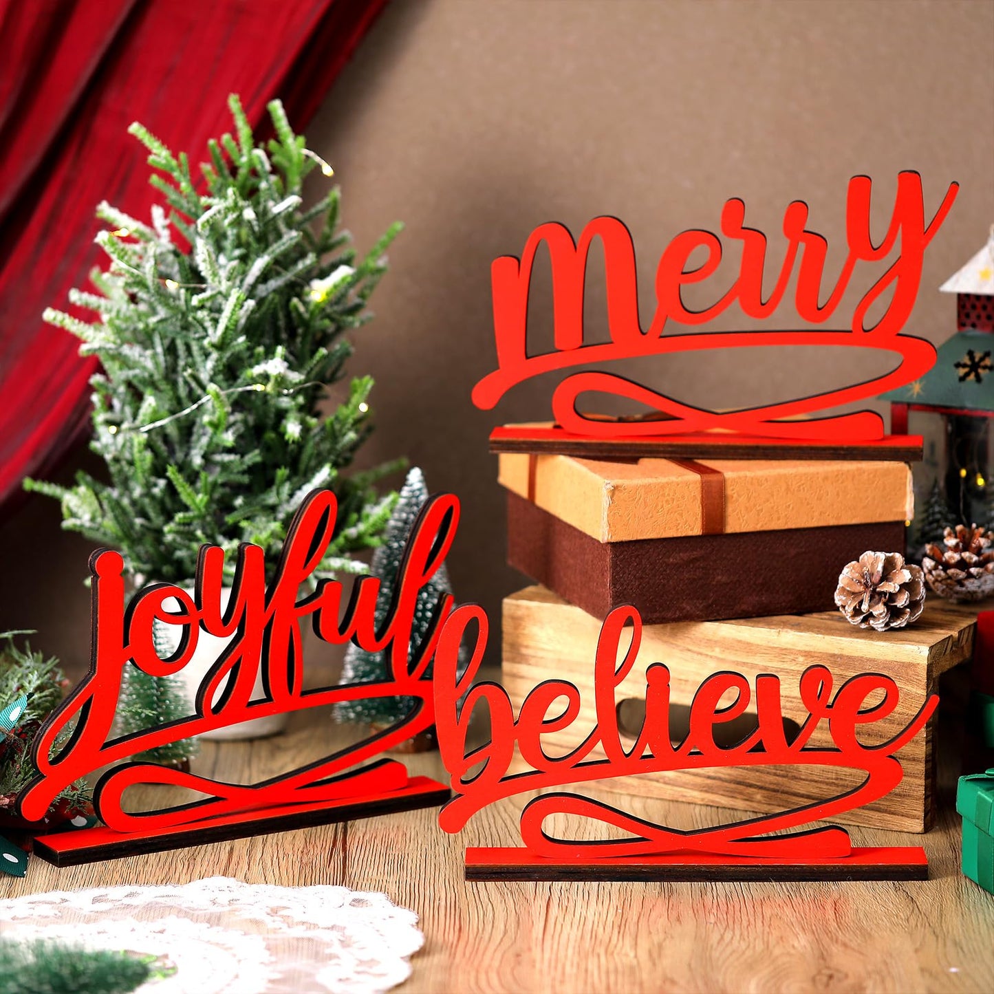 Kathfly 3 Pcs Christmas Tabletop Word Sign Believe Joyful Merry Xmas Mantle Decor Freestanding Christmas Mantle Sign Xmas Wood Cutouts Table Plate Rustic Ornaments for Home Office Decoration(Red)