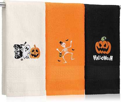 3 Pcs Halloween Hand Towels for Bathroom Embroidered Pumpkin Ghost Skull