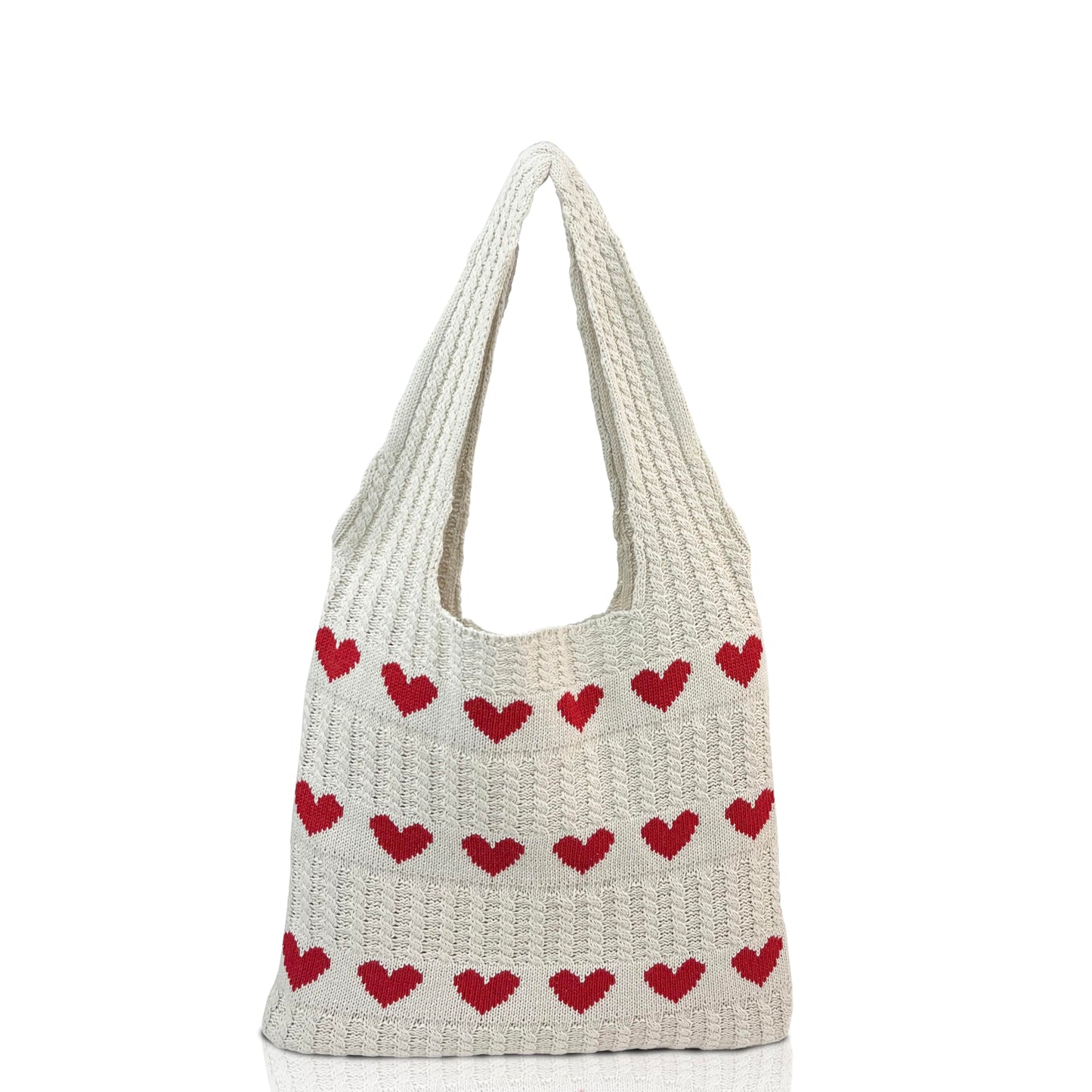 CUNGGI Knitted Heart Tote Bag for Women,Soft Knit Shoulder Hobo Purse with Cute Heart Pattern, Summer Beach Handbag for Travel, Daily Use, Gifts (White)