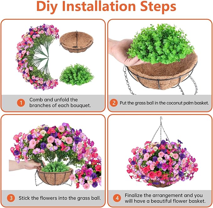Florielle Artificial Hanging Faux Flowers Basket, Fake Silk Petunias Plants Arrangement,for Spring Summer Outdoor Decoration,UV Resistant, Morning Glorias,for Home Garden Decor (PinkPurple)