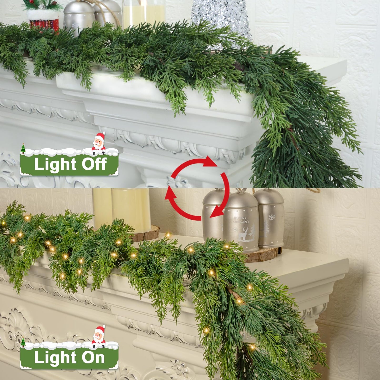 OZFHUA 6 FT Christmas Garland Pine Garland with Lights for Table Mantle Background Christmas Decorate Wall Room Outdoor Indoor Winter Decoration
