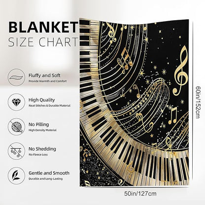 Piano Notes Throw Blanket, Black Gold Blanket Throw for Adults, Lightweight Soft Cozy Blanket for Couch Sofa Bed Room Decor 50x60 Inches