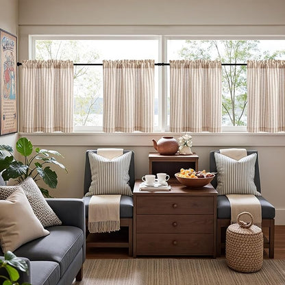 jinchan Striped Linen Kitchen Curtains 24 Inches Length Tier Curtains Farmhouse Modern Cafe Style Small Window Treatments Airy Light Filtering Rod Pocket for Living Room Bathroom 2 Panels Tan