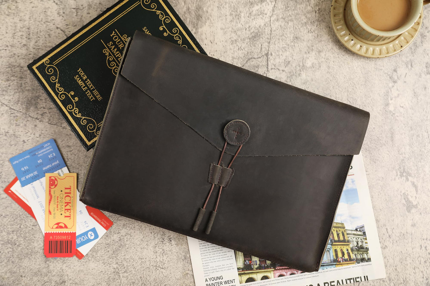 GZRHKJ Genuine Leather Envelope Document Holder， Leather File Folder Organizer，Envelope Document Holder for Men&Women, Personalized Folio Laptop Sleeve Case for 15" Laptops, Tablets