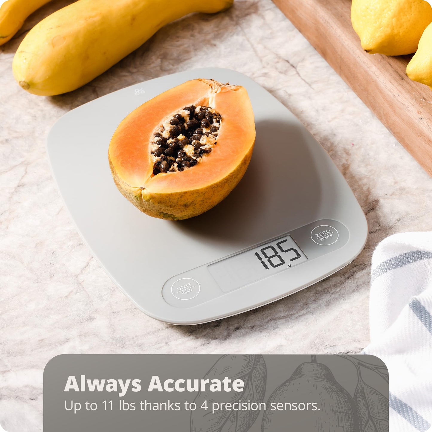 Greater Goods Slim Digital Kitchen Scale – Accurate BPA-Free Food Scale for Cooking, Baking, and Meal Prep, 11lb/5kg with 1 CR2032 Battery Included