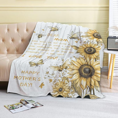 Mother's Day Fleece Blanket - 40x50in Mom from Daughter Son Birthday Heartfelt Message Sunflower Throw Blankets,Soft Cozy Lightweight, Ideal for Living Room Home Decor and Women Gifts