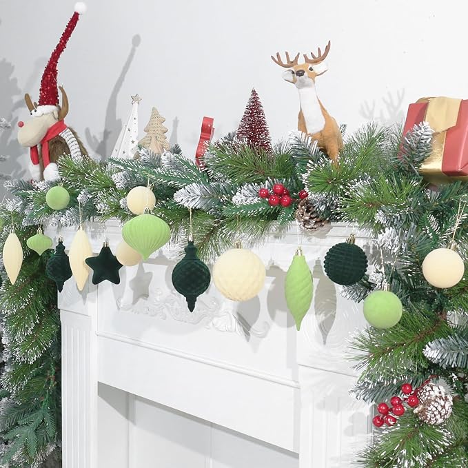 SY Super Bang 30PCS Velvet Christmas Ornaments Set, Flocked Shatterproof Assorted Hanging Xmas Tree Ball Decorations, for Home Party Holiday Decor, Deep Green, Beige, Light Green
