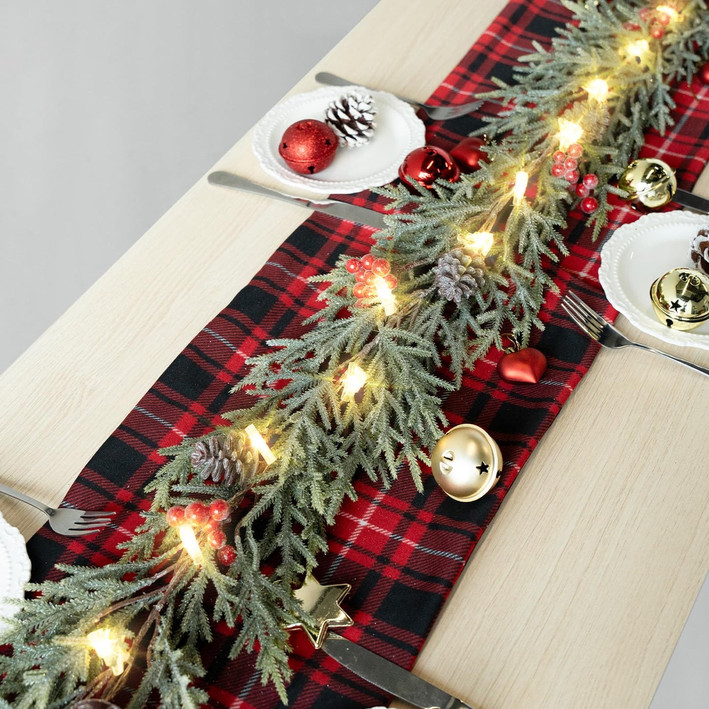 6FT Christmas Garland with Lights, Pre-Lit Artificial Pine Garland with Red Berries, Lighted Flocked Garland for Table Mantle Fireplace Door Stairs Windows Wall Indoor Outdoor Holiday Christmas Decor