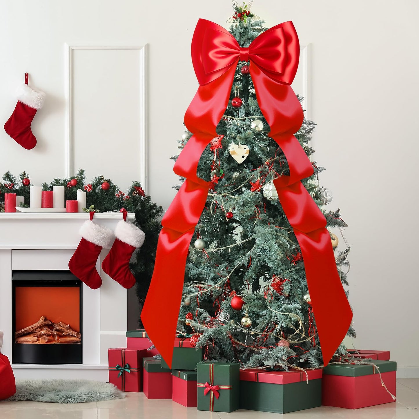 Gejoy Extra Large Christmas Tree Topper Bow 118 x 28 Inch Giant Satin Red Bow with Huge Long Streamer Oversized Double Layer Burgundy Gift Wrapping for Holiday Xmas Tree Decoration Home Party Decor