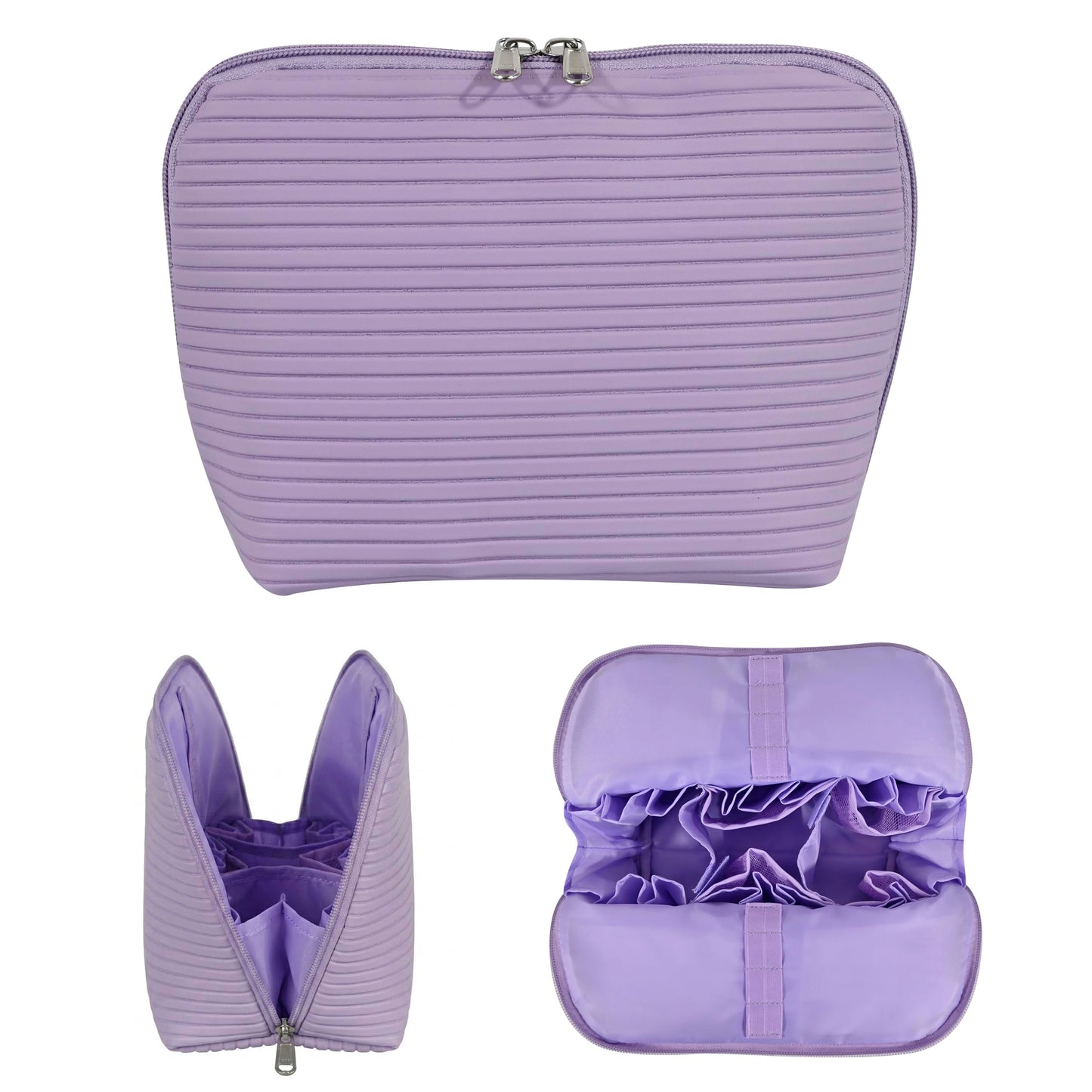 Tense Edano Travel Makeup Bag for Women, Waterproof Stand Up Cosmetic Bag with Brush Holders, Organizer Bag with Compartments, Fold-Down Design for Skincare, Toiletries & Essentials (Purple, Medium)