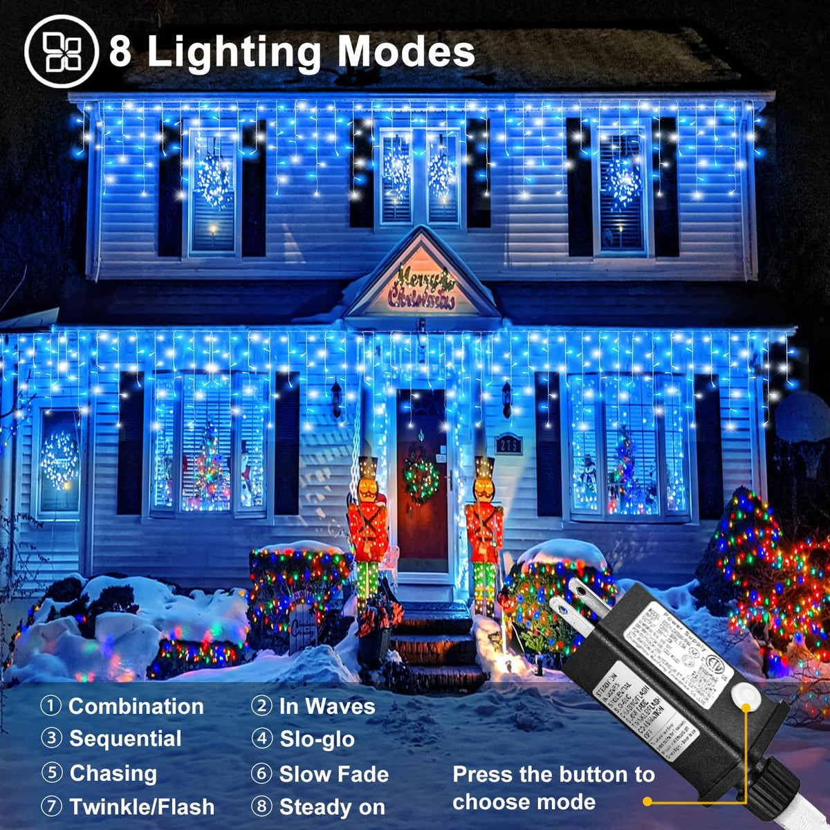 66ft Blue and White Christmas Lights, 640 LED Icicle Lights for Outside House Clear Wire Connectable Twinkle Lights with 8 Modes Timer Waterproof for Window Party Tree Holiday Patio Yard Home Decor