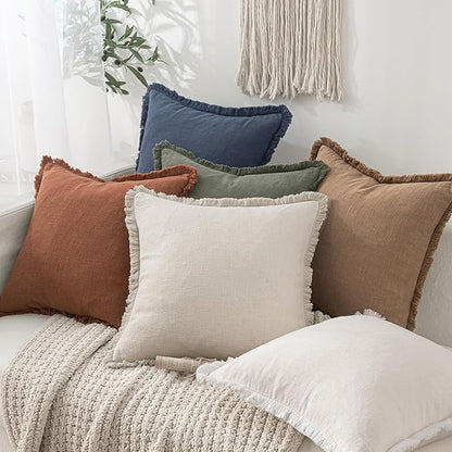 MIULEE Decorative Throw Pillow Covers Neutral Linen Fringe Throw Pillows Set of 2 Brick Boho Farmhouse Cushion Covers with Tassels for Couch Sofa Bed Living Room Spring Home Decor 16x16 Inch