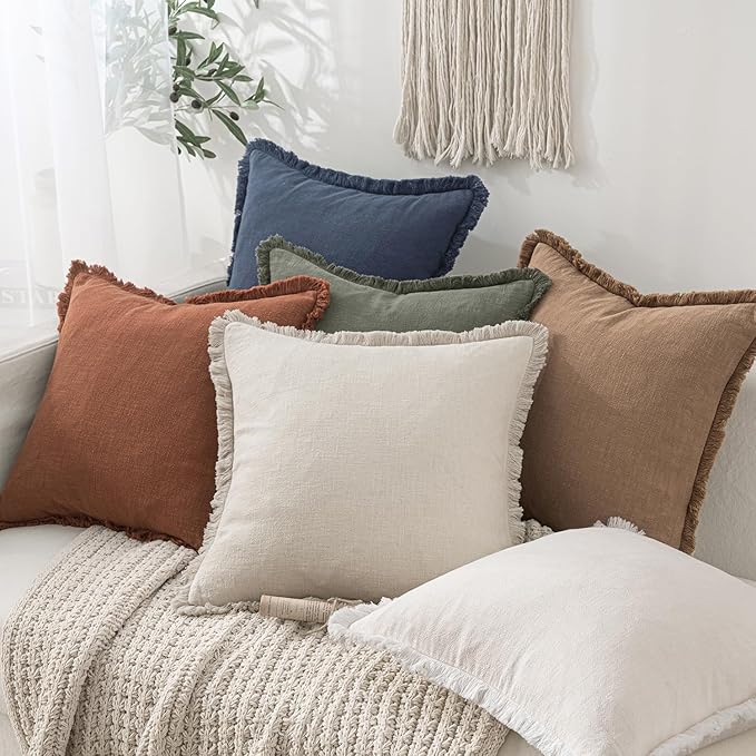 MIULEE Decorative Lumbar Throw Pillow Covers Neutral Linen Fringe Throw Pillows Set of 2 Brick Boho Farmhouse Cushion Covers with Tassels for Couch Sofa Bed Living Room Spring Home Decor 12x20 Inch