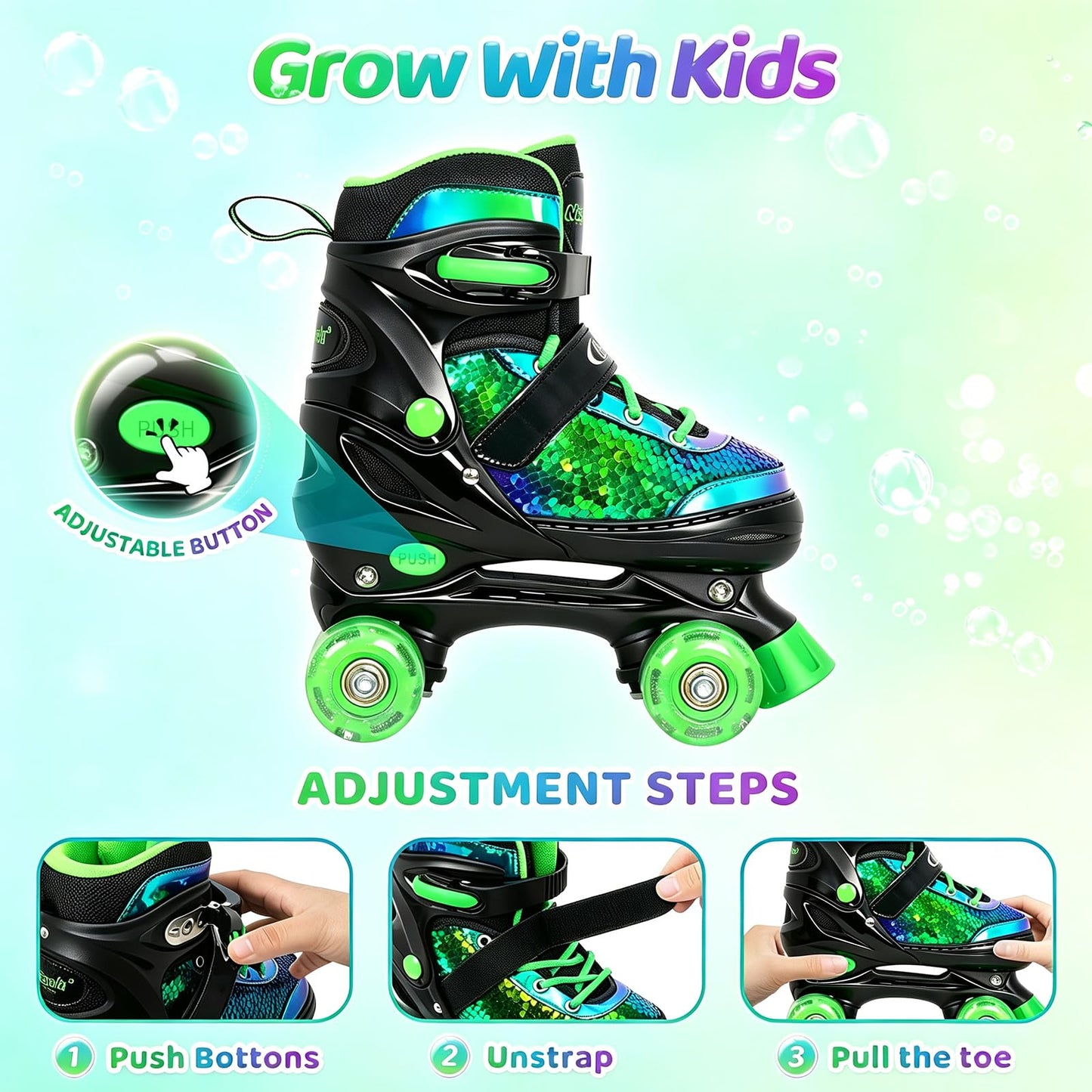 Nattork Kids Roller Skates for Girls Boys Kids 4 Size Adjustable Quad Skates with All Light up Wheels for Kids Beginners, Birthday Gift, Indoor Outdoor Sports patines para niñas
