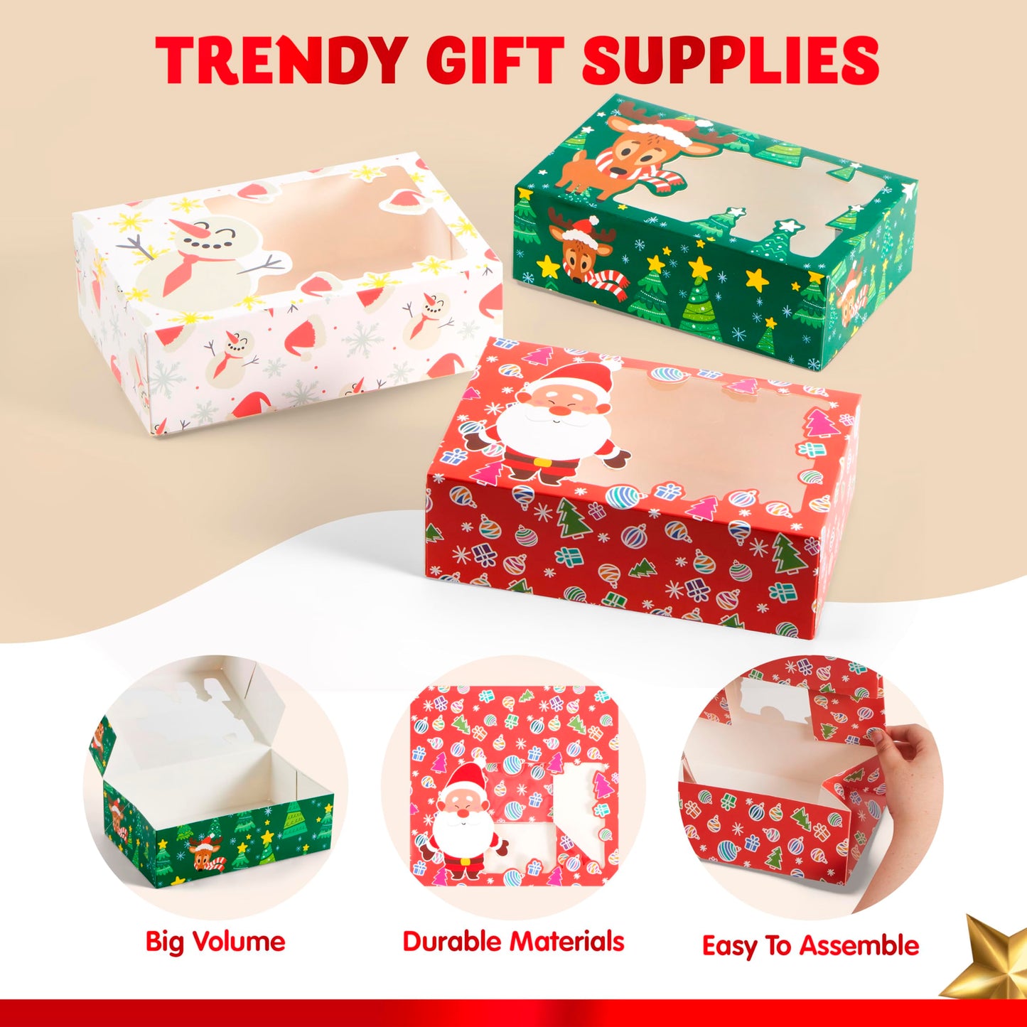 JOYIN 24 PCS Christmas Foil Treats Cookie Gift Boxes (8.75" x 5.75" x 2.75") Colorful Pattern Bakery Box with Window for Xmas Holiday Birthday Party Pastries, Cupcakes, Brownies, Donuts Gift-Giving
