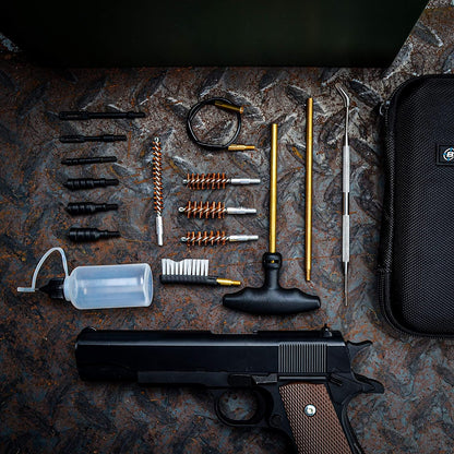 BOOSTEADY Universal Handgun Cleaning kit .22.357/.38/9mm.45 Caliber Pistol Cleaning Kit Brush Jag with Flexible Coated Cable and Empty Bottle in Zippered Case