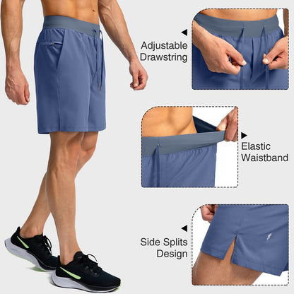 Soothfeel Men's Running Shorts with Zipper Pockets 7 Inch Lightweight Quick Dry Gym Athletic Workout Shorts for Men (Blue, XL)