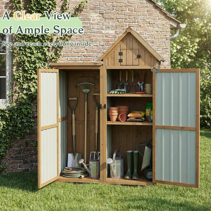 Outdoor Storage Cabinet Weatherproof with 3 Adjustable Shelves, 66'' H Wood & Metal Storage Shed with Lockable Doors & Waterproof Roof, Outside Garden Tool Sheds, Brown