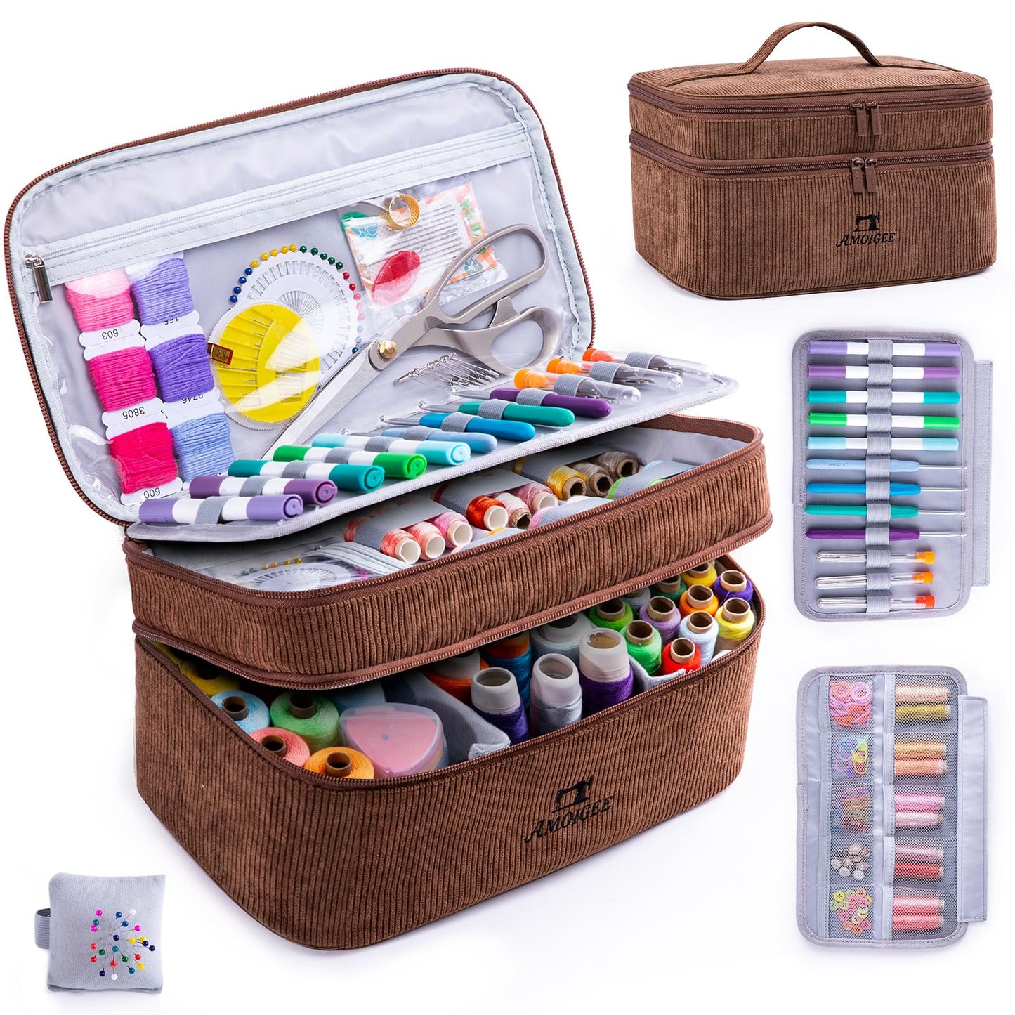 AMOIGEE Double-Layer Sewing Accessories Organizer with Pin Cushion – Large Sewing Storage Bag for Thread, Notions & Tools – Portable Travel Sewing Tote for Quilting, Embroidery & Crafts Gift (BagOnly)