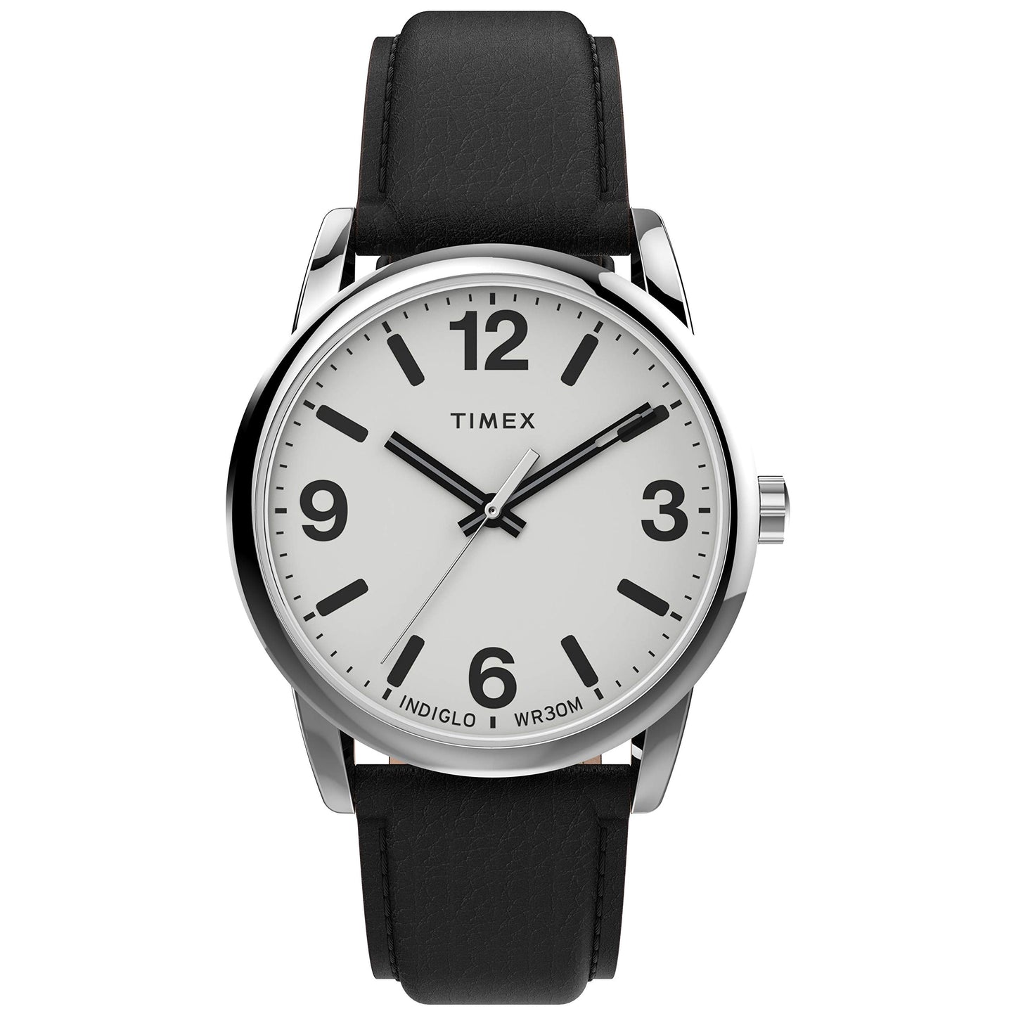 Timex Men's Easy Reader Bold 38mm Watch – Silver-Tone Case White Dial with Black Leather Strap